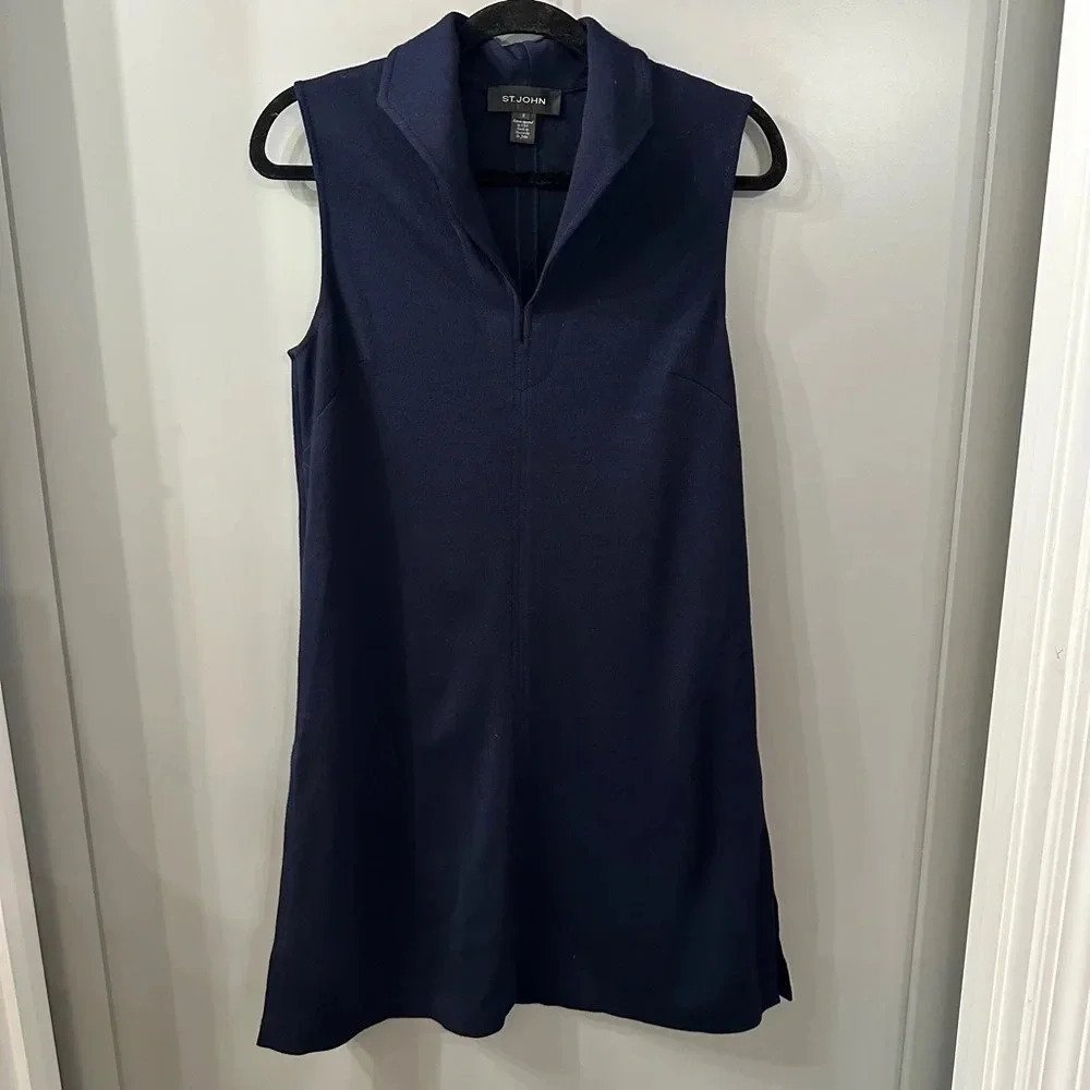 St. John 2015 Resort Collection Navy Santana Knit Wool Blend Sheath Dress Size S